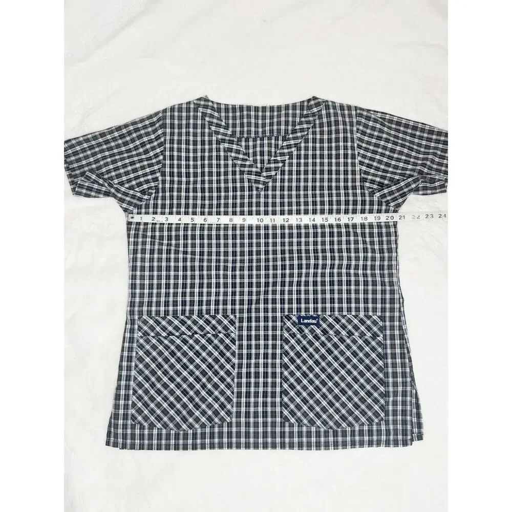 LANDAU Blue Green Red White Plaid V-neck Scrub Top Medical Uniform Medium